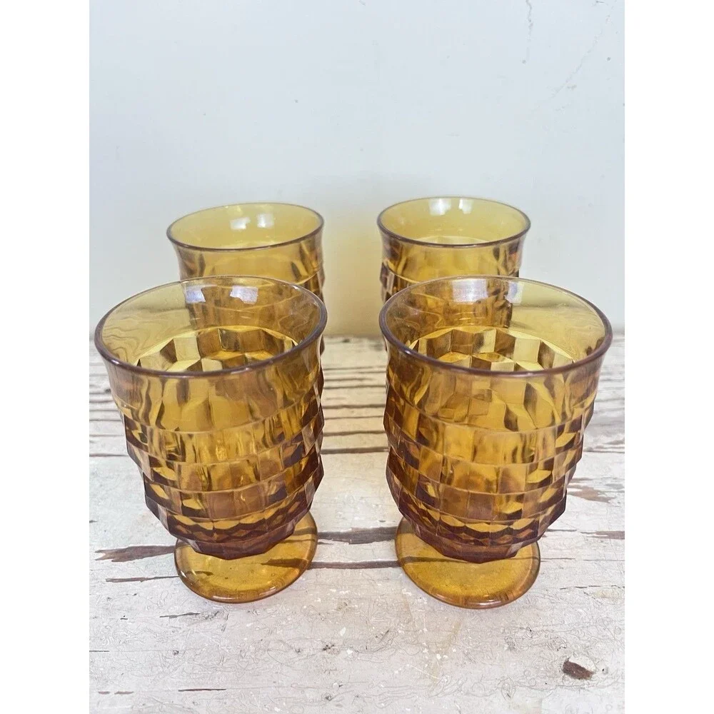 Vintage Indiana Whitehall Amber Footed Cubist 4” Tumblers Glasses (Set Of 4)